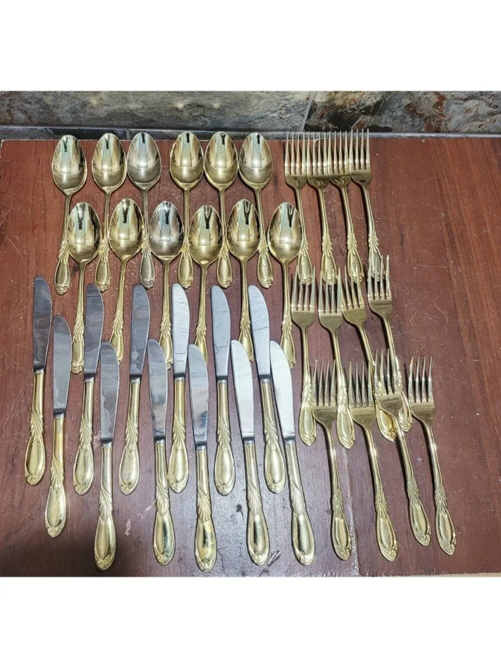 36 Piece Classic Plume Gold Electroplated Flatware Marked Stainless Steel Korea
